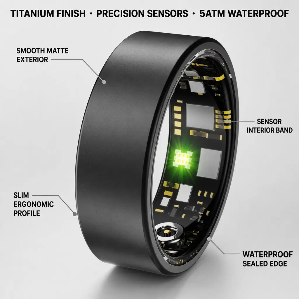 Smart Ring Fitness Tracker with Polished Gold Finish, Precision Optical Sensor Cluster, Android Compatibility, Sizes 7-12, Waterproof Screenless Wearable for Daily Step Counting, SpO2 & Heart Rate Monitoring