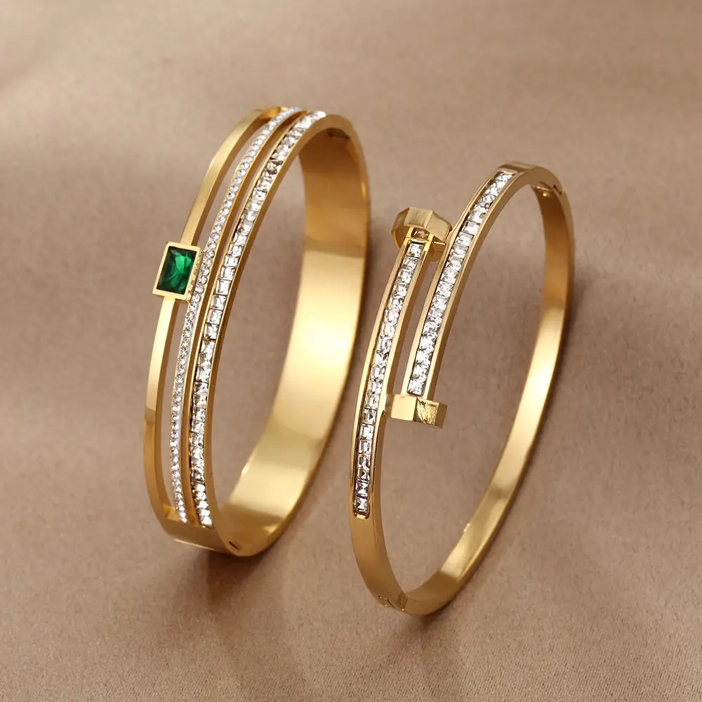 Hot‑Selling Gold‑Plated Stainless Steel Bangle for Women, High‑End Open‑Cuff Bracelet With Sparkly Cubic Zirconia, Tarnish‑Resistant Luxury Hand Jewelry