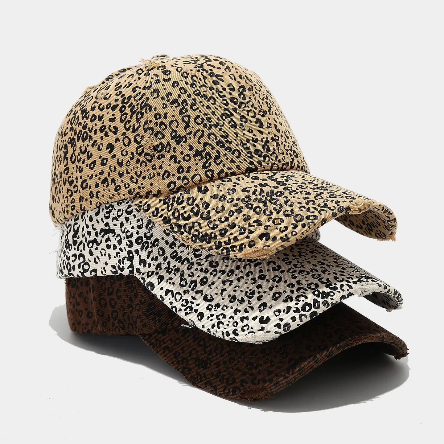 Vintage Distressed Baseball Cap with Leopard Print, Unisex Washed Denim Trucker Hat, Adjustable for All Seasons, Streetwear Cap