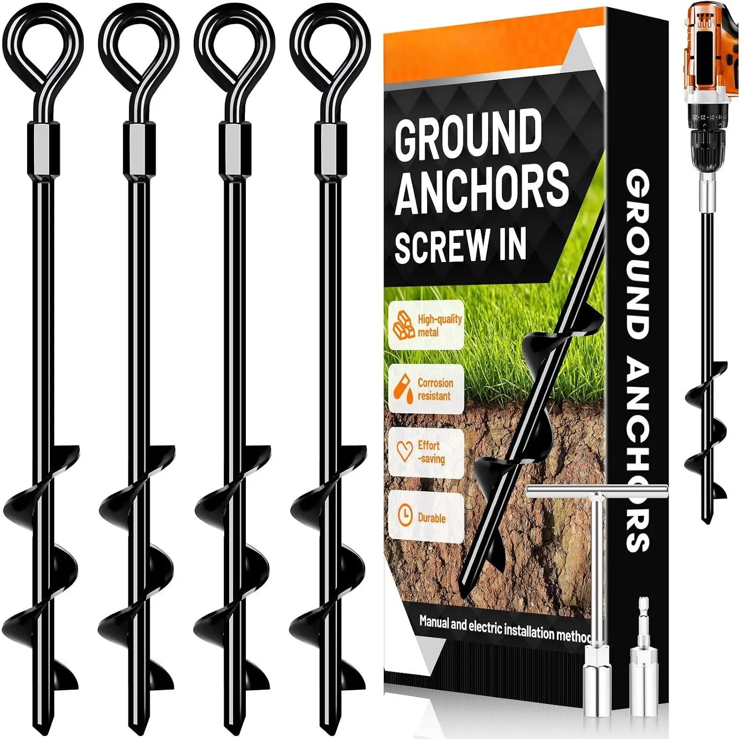 Ground Anchors Screw in Trampoline Anchors Heavy Duty Ground Anchors,Tent Stakes for Camping Tent, Trampoline, Canopies, Carports, Sheds, Swing Sets, Black Anti-Rust Coating for High Wind (4 X 14)