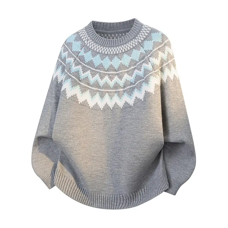 Men's Fair Isle Jacquard Round Neck Long Sleeve Knitwear, Menswear Acrylic Blend Pullover, Raglan Sleeves, Geometric Nordic Yoke Pattern, Heather Grey Base, Ribbed Cuffs & Hem, Vintage Fall-Winter Top #sohochic