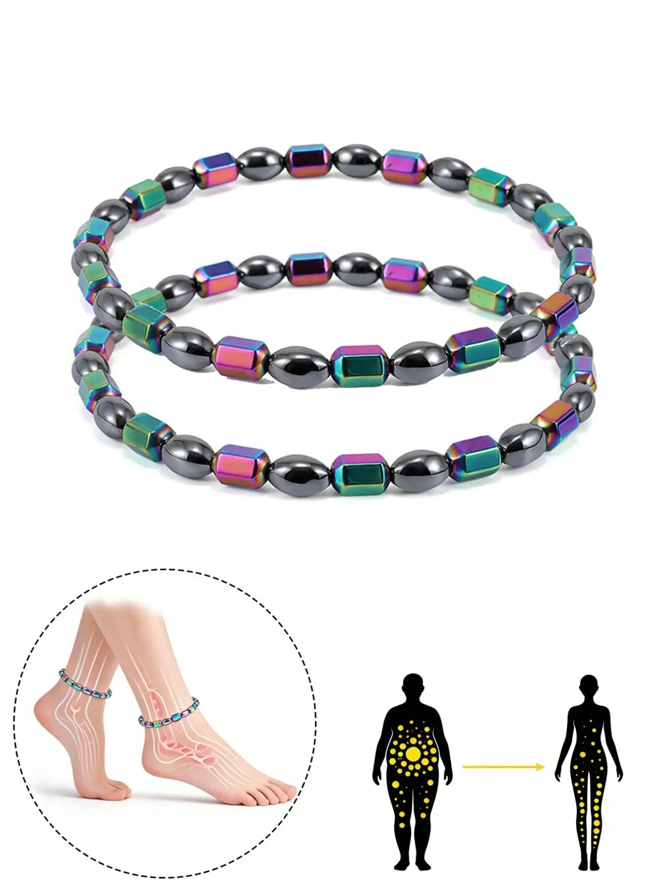 1/2 Pack Iridescent Black Hematite Elastic Bracelet Anklet, unisex stretch jewelry. Soft daily yoga accessory to ease restlessness & keep inner calm. Trendy summer piece, perfect gift for Mother’s Day, Father’s Day & graduation.