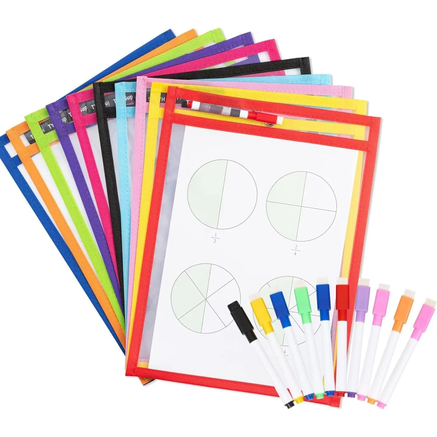 Dry Erase Pockets, 10 Pack  10 x 14  Sleeves for 8.5 x 11 Worksheets, Heavy Duty Clear Dry Erase Sheet Protectors with 10 Markers, Grommet & Loop for Classroom, Homeschool & Office