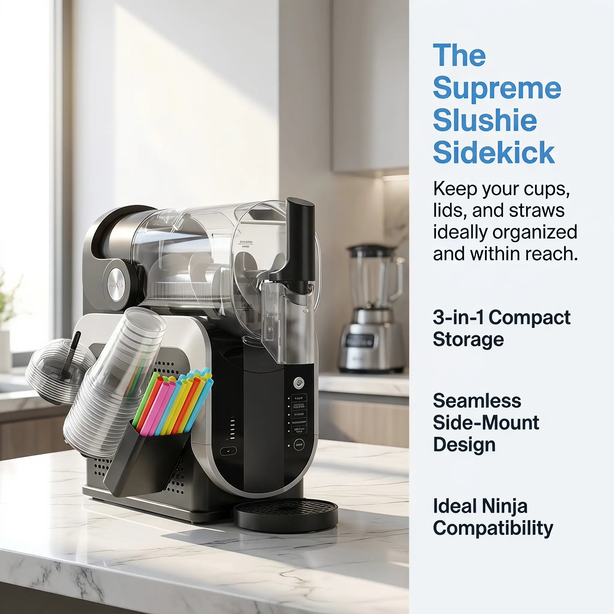 3-in-1 Side-Mounted Cup Organizer Compatible with Ninja Slushi FS299, FS300 & FS301 Machines, Space-Saving Storage Holder for Disposable Cups, Lids and Straws, Convenient Slushie Machine Accessory