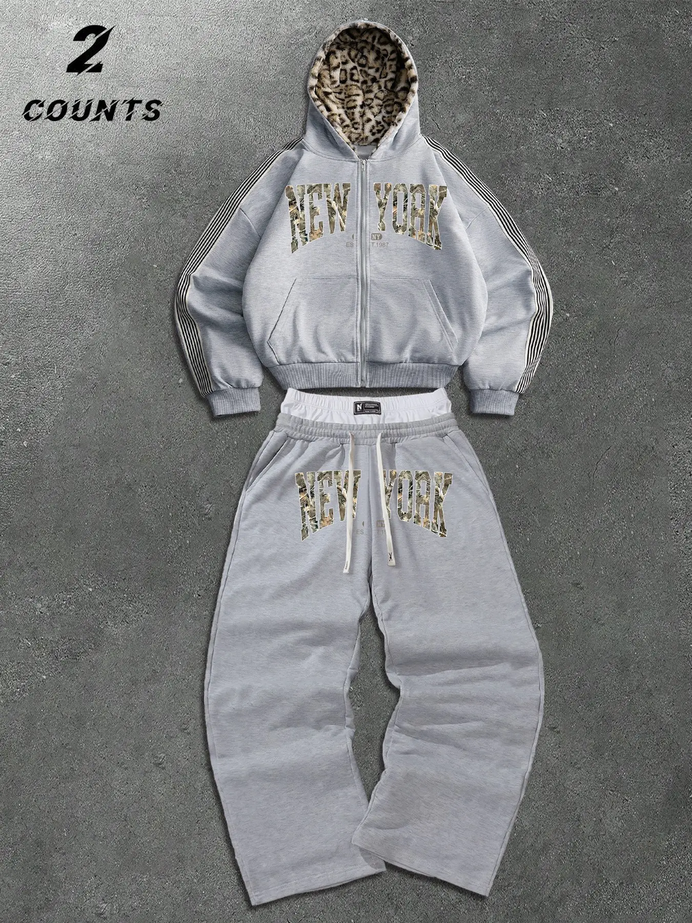 Y2K Men's Streetwear Tracksuit Set Full Zip Hoodie and Baggy Sweatpants | Leopard Print Hood Lining & Camo New York Graphic 2 Piece Outfit for Urban Casual & Hip-Hop Styles Leisure Sports Suit Casual Sportswear Set