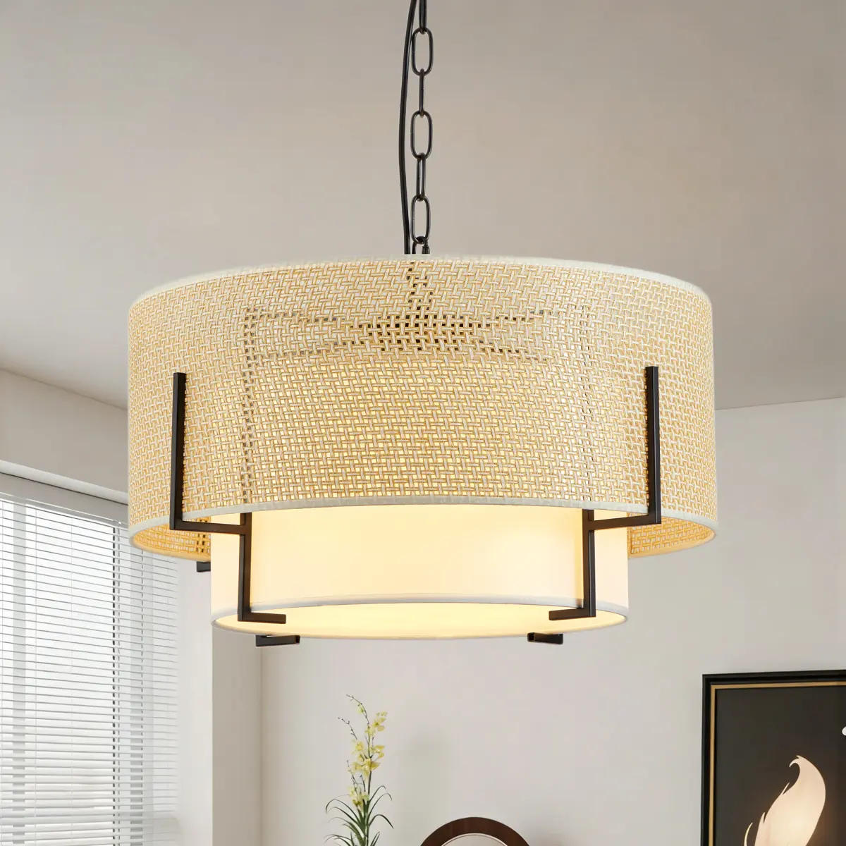 19.7''  Farmhouse Boho Chandelier,4-Light Hand Woven Rattan Pendant Light with Fabric Shade Rustic Drum Chandelier for Dining Room Kitchen Bedroom Foyer Entryway Living Room