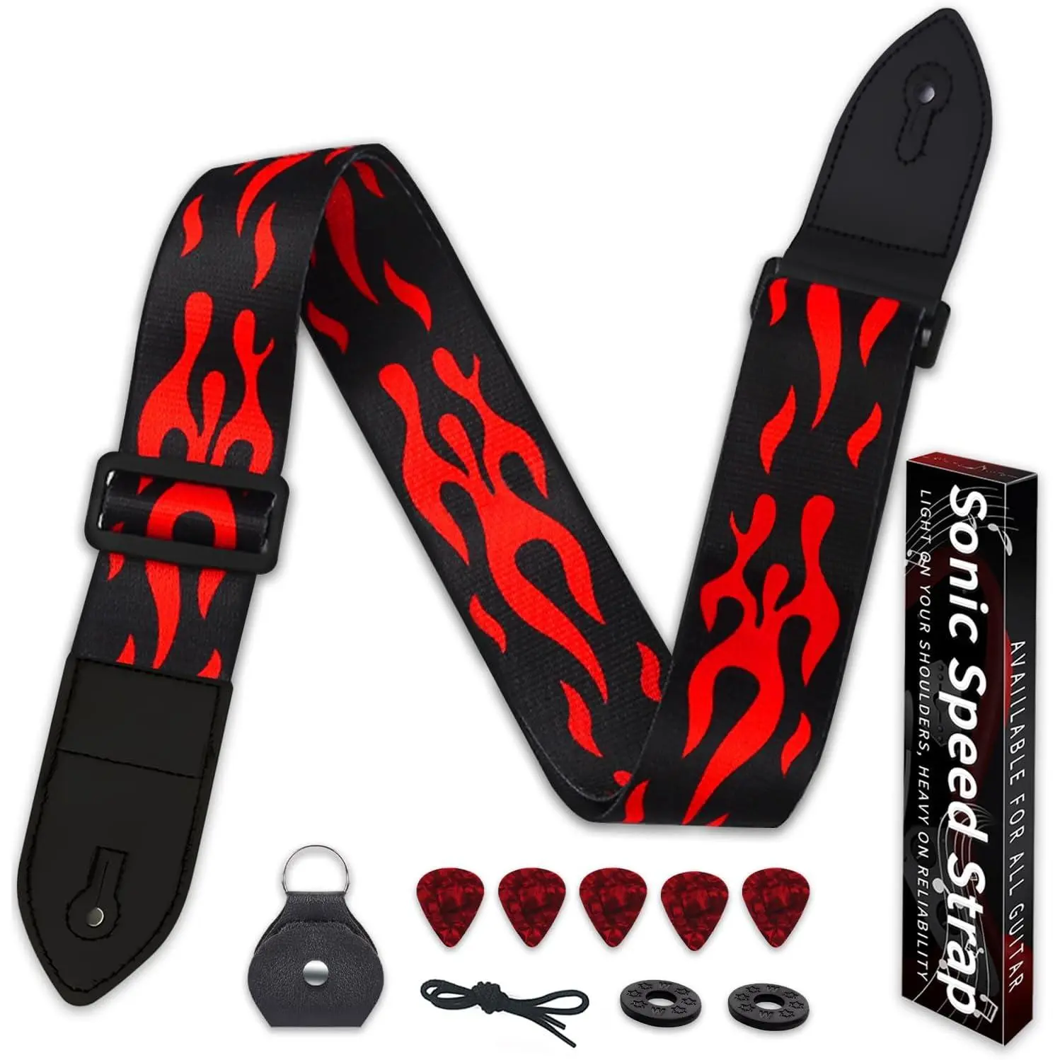 Guitar Strap,Acoustic Electric Guitar Straps With Leather Pick Box and 5 count Picks Guitar Accessories, Gifts for , Guitarists(Red)