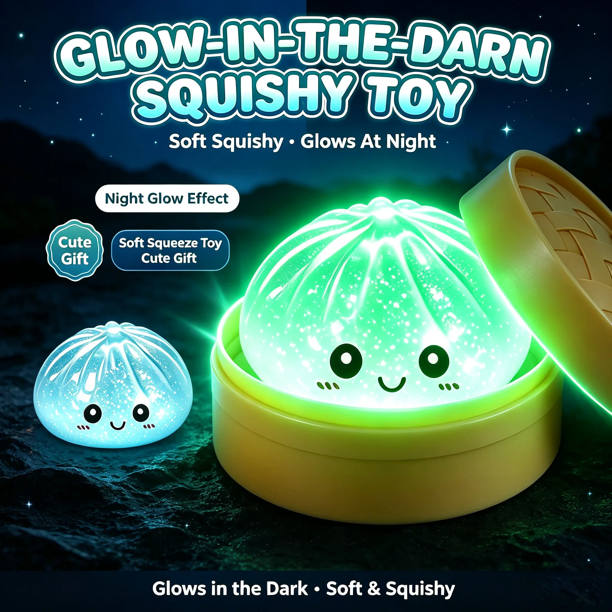 Glow-in-the-Dark Squishy Bun Toy for Kids, Cute Squishy, Soft Luminous Squeeze Stress Relief Toy, Kawaii Cartoon Bun Night Light Toy Gift for Boys Girls Party Favors