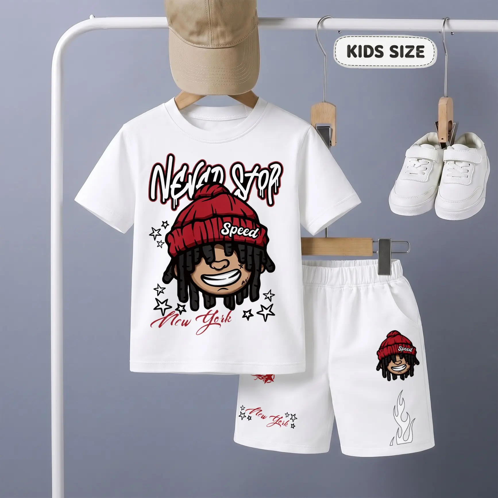 Boys’ New York Cartoon Character Graphic T-Shirt and Shorts Set, Trendy Hip-Hop Streetwear Two-Piece Summer Outfit with Number 98 and Flame Prints for School, Travel, Vacation and Daily Play