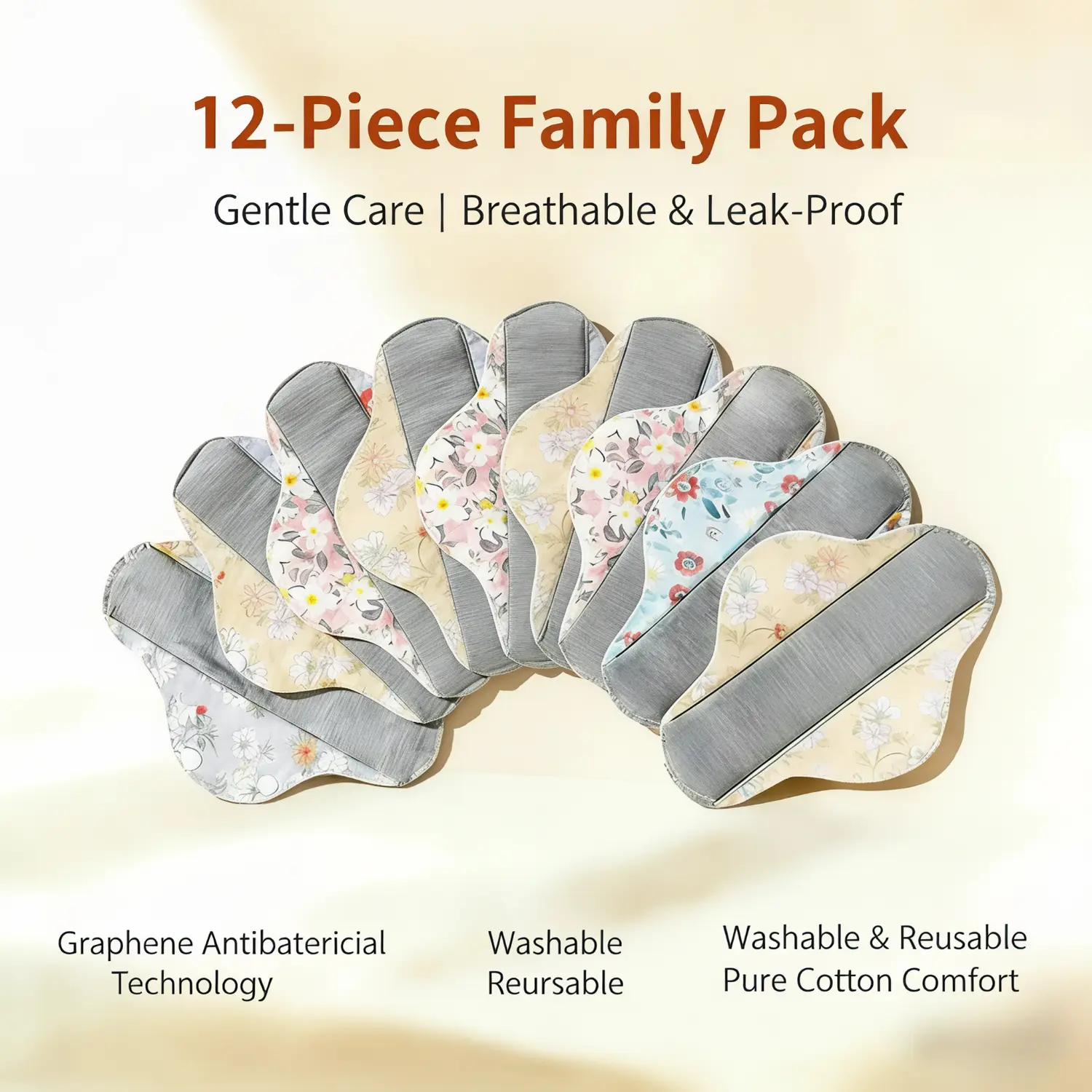 12Pcs Leak-Proof Upgraded Absorbent Washable Incontinence Pads, Graphene Aseptic Technology, Breathable Organic Cotton for Women & Elderly Care (Random Color)
