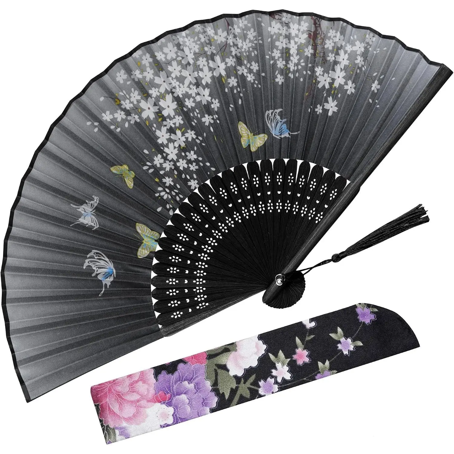 Handheld Folding Fans Hand Held Fan for Women Foldable Chinese    Silk Fan for Wedding Dance  Festival Party Props Decoration (Black)