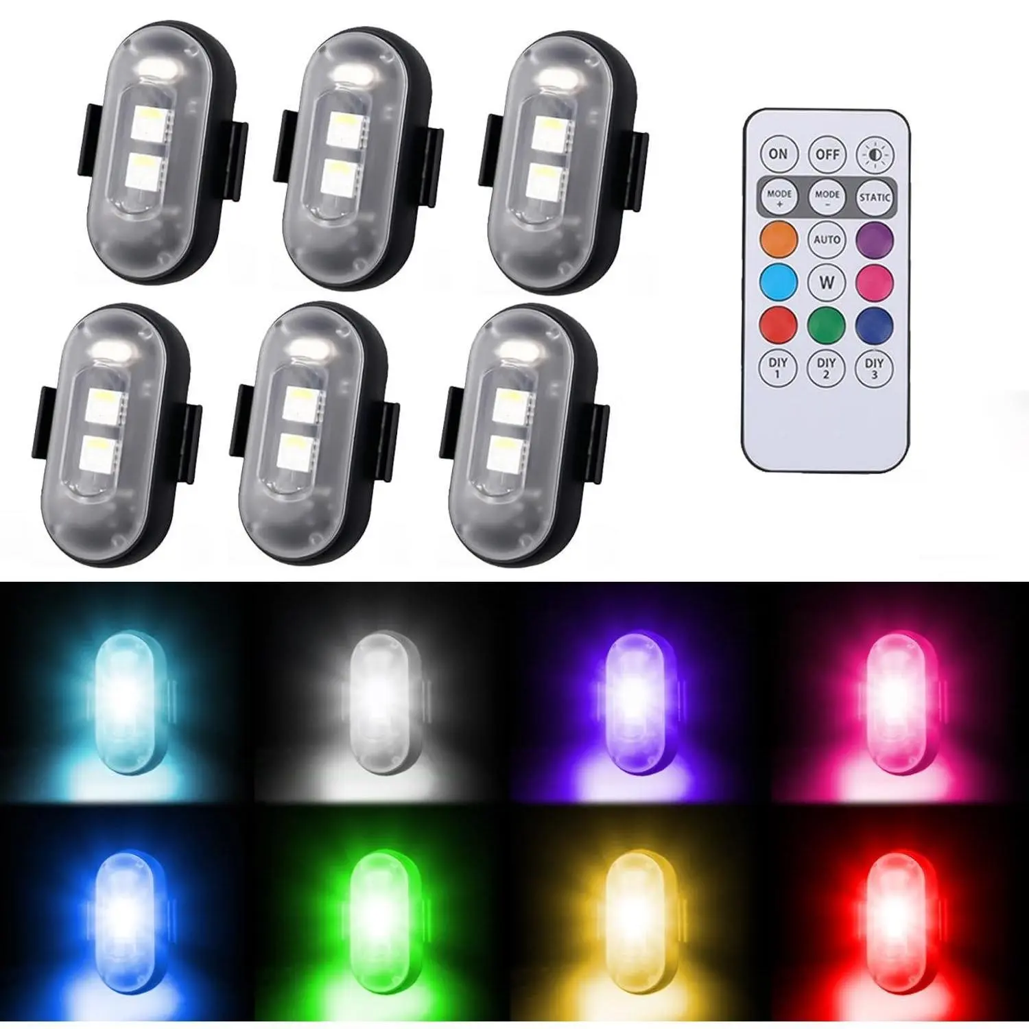 6 Pieces Wireless Led Lights with Remote, 8 Colors Wireless Led Anti Collision Lights Rechargeable Emergency Warning Flashing Lights Drone Light for Car Drone Motorcycle Bike, Rechargeable Bicycle Light