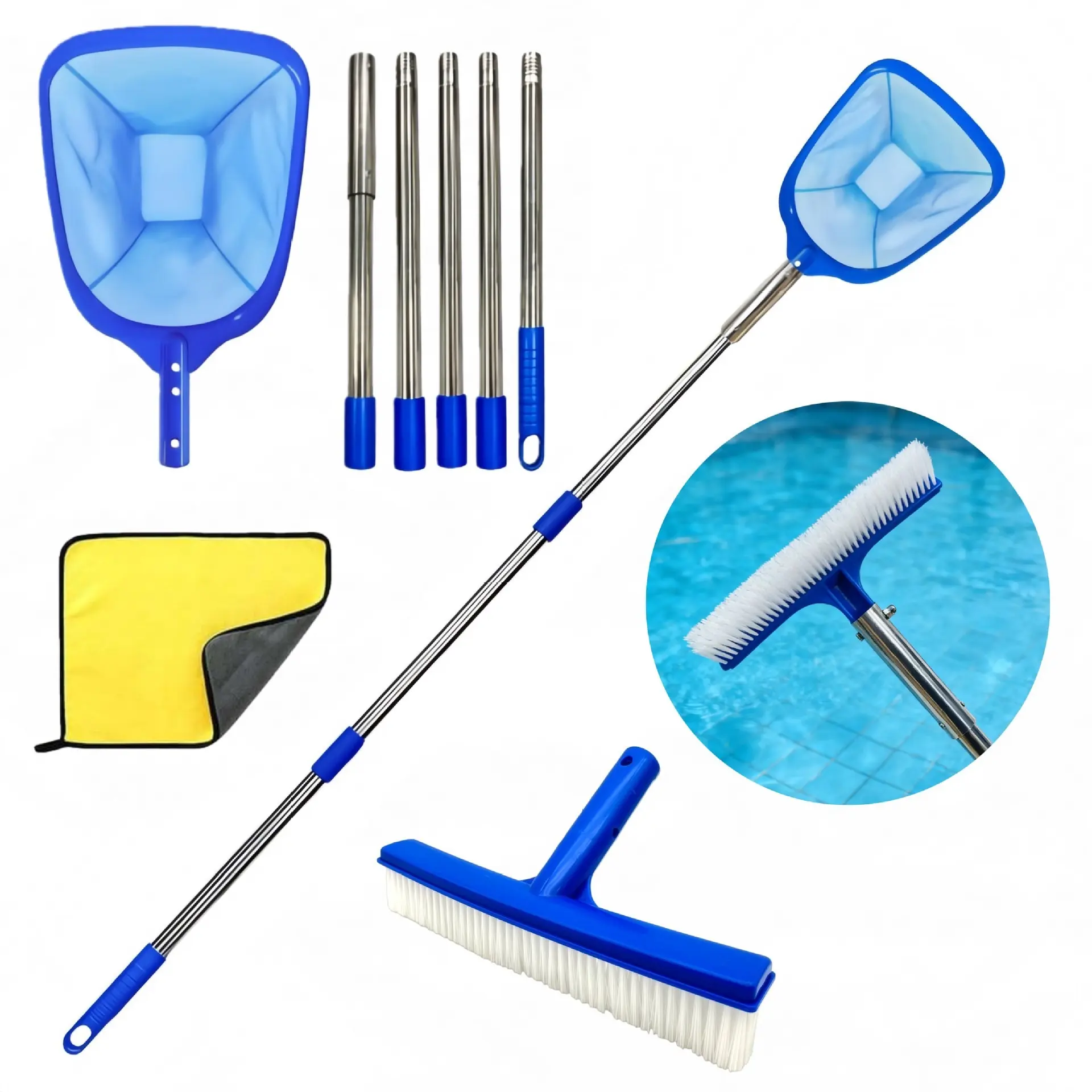 Swimming Pool Cleaning Kit, Home Pool Skimmer Net, Leaf Remover Net, Stain Brush Combo Set, Essential Pool Maintenance Tools, Removal