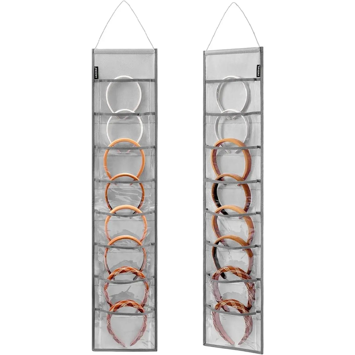 2 Pack Grey Wall Hanging Headband Organizer with 8 Clear Pockets Hair Accessory Storage Holder for Ribbon Hair Hoops Hairbands