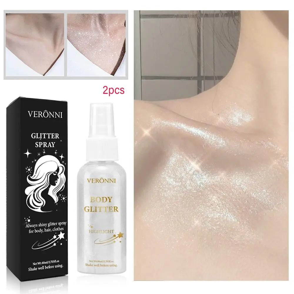 Veronni Silver Color Body Hair Highlighter Spray, 2-Pack 80ML, Body Shimmer Spray, Liquid Glitter for Skin & Hair, Perfect for Parties & Events