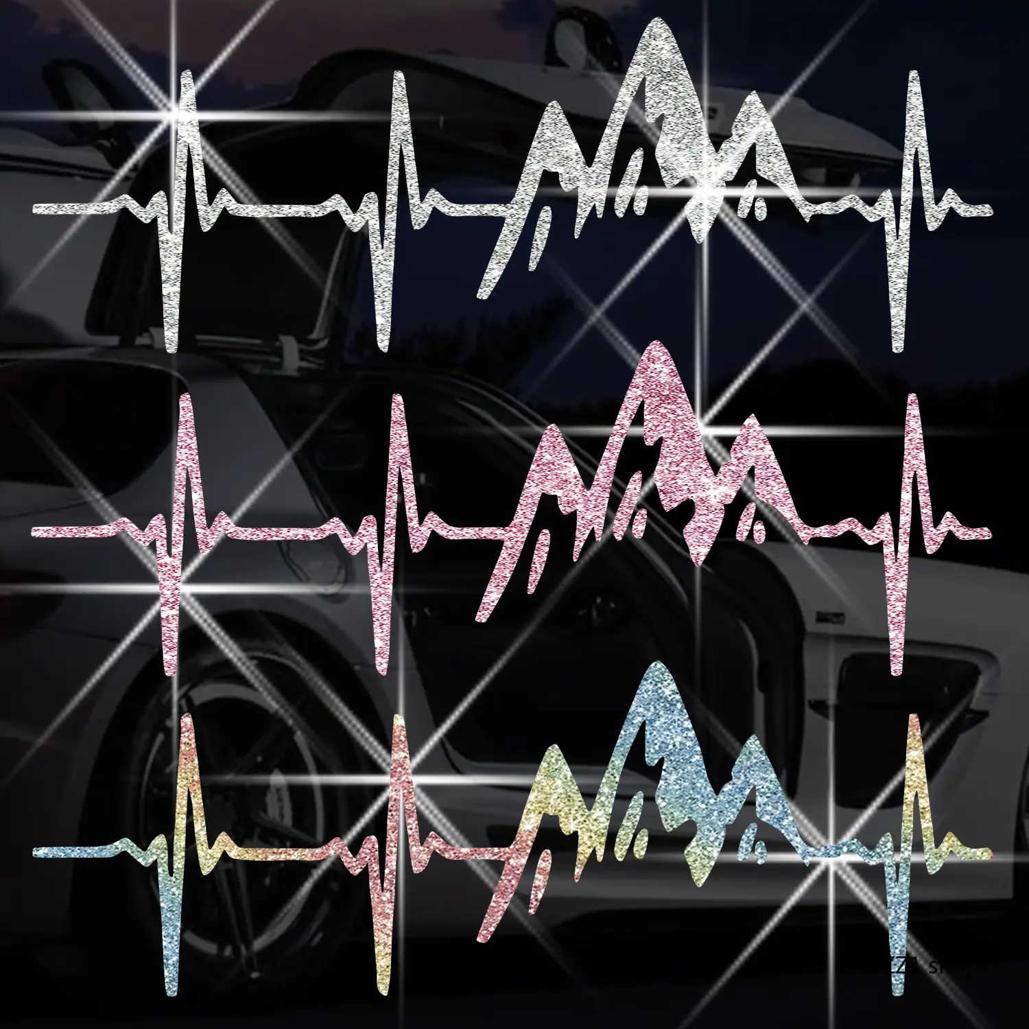 Glitter Mountain Heartbeat Car Decals Waterproof Lifeline Vinyl Stickers Rainbow Silver Pink Auto Window Bumper Laptop Decoration Camping Gift