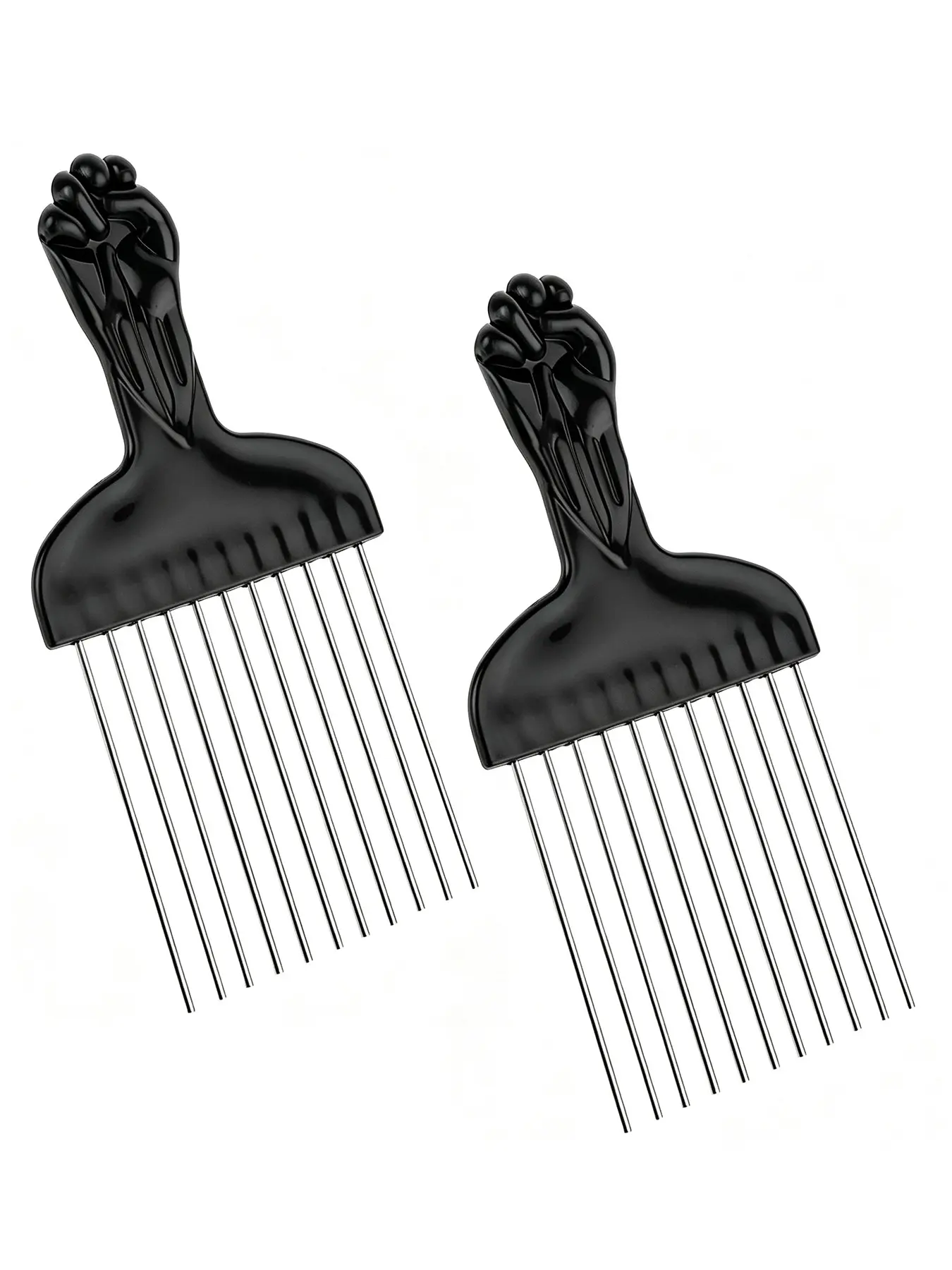 Afro Comb Metal Pick Comb Hairdressing Styling Tool, 2piece Assortment, Wide Teeth, Classic Black Fist Design, For Curly Hair and Afro Hairstyle