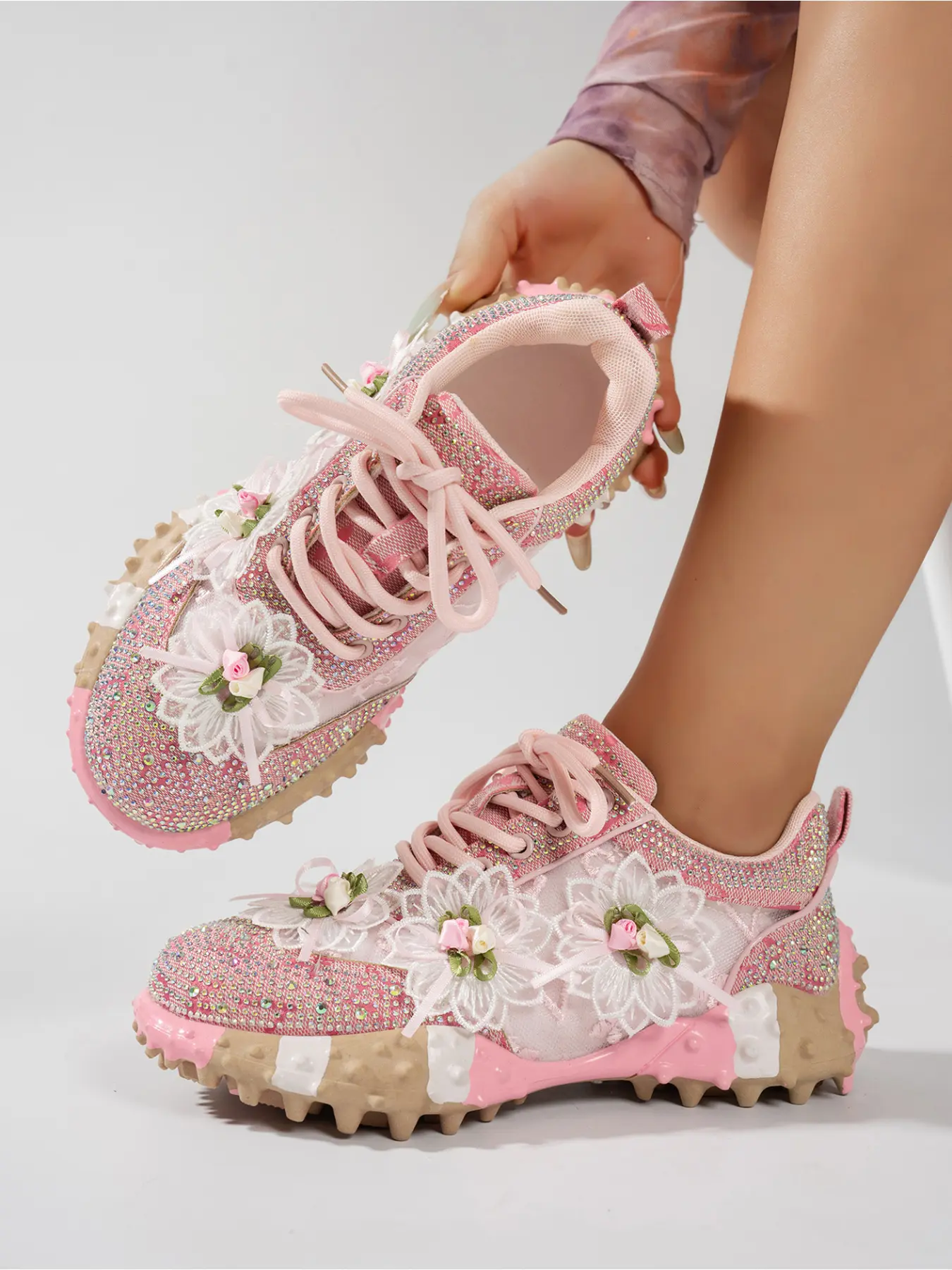 Ladies Pink Mesh Lace Flower Rhinestone Chunky Dad Sneakers Walking Shoes 3.5cm Spiked Lug Sole Pink Lace Up Fairy Summer Glitter Casual Shoes
