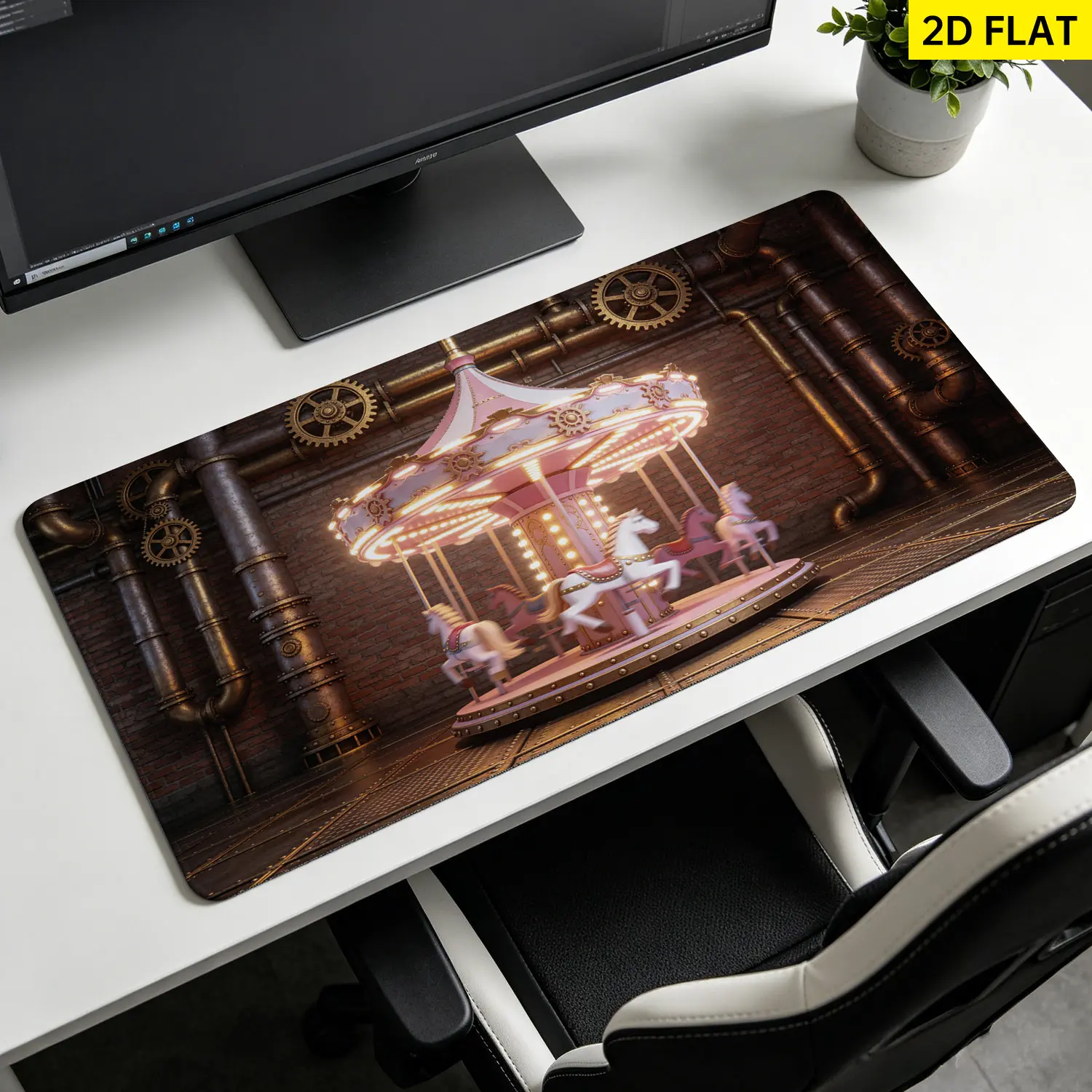 Extra Large steampunk carousel pink horse design Mouse Pad,Non Slip Rubber Pad,Desktop Decoration Drotection Pad,Washable,Lock Edge Multi Size,Premium Multipurpose Mousepad For Home,Office,Gift for Family and Friends