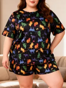 Women's Plus Size 2-Piece Pajama Set, Casual Loose-Fitting Short Sleeve and Shorts, All over Print, Wearable at Home or Outdoors
