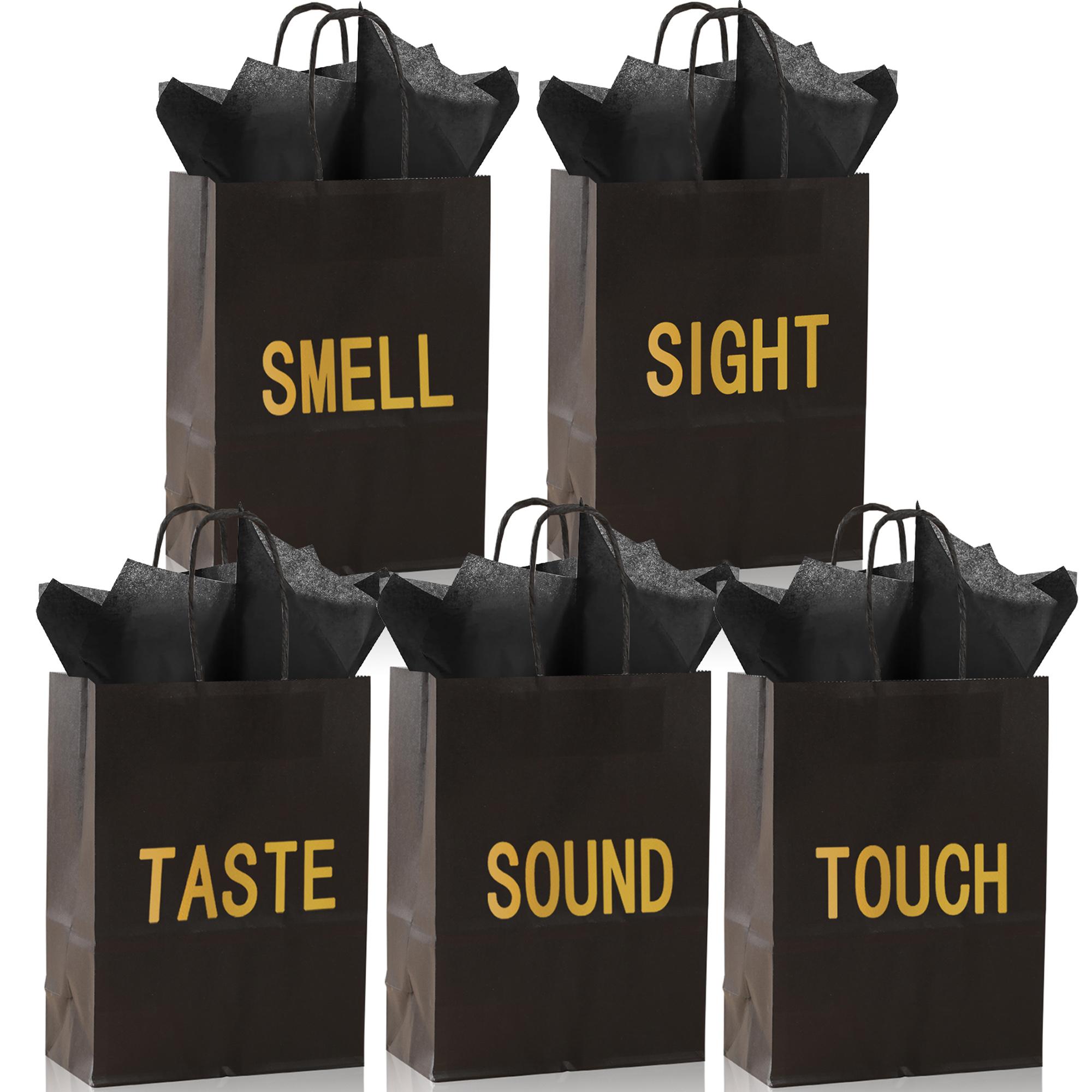 Black Paper Gift Bags with Handles, 5-Count Gift Wrapping Bag Set for Birthday, Wedding and Anniversary, Party Gift Packs, Graduation Gifts and Mystery Birthday Gifts for Him or Her