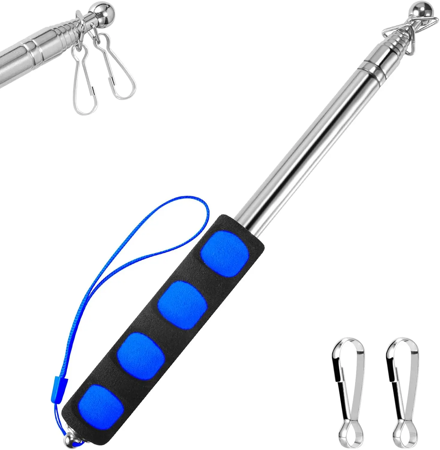 1.6M Telescopic Handheld Flagpoles with Clips, 5.25  Thick Portable Stainless Steel Telescopic Banner Flag Pole - Tour Guide Flag Pole - Teaching Pointer Stick (5 Ft, Blue Black,1 Pack)