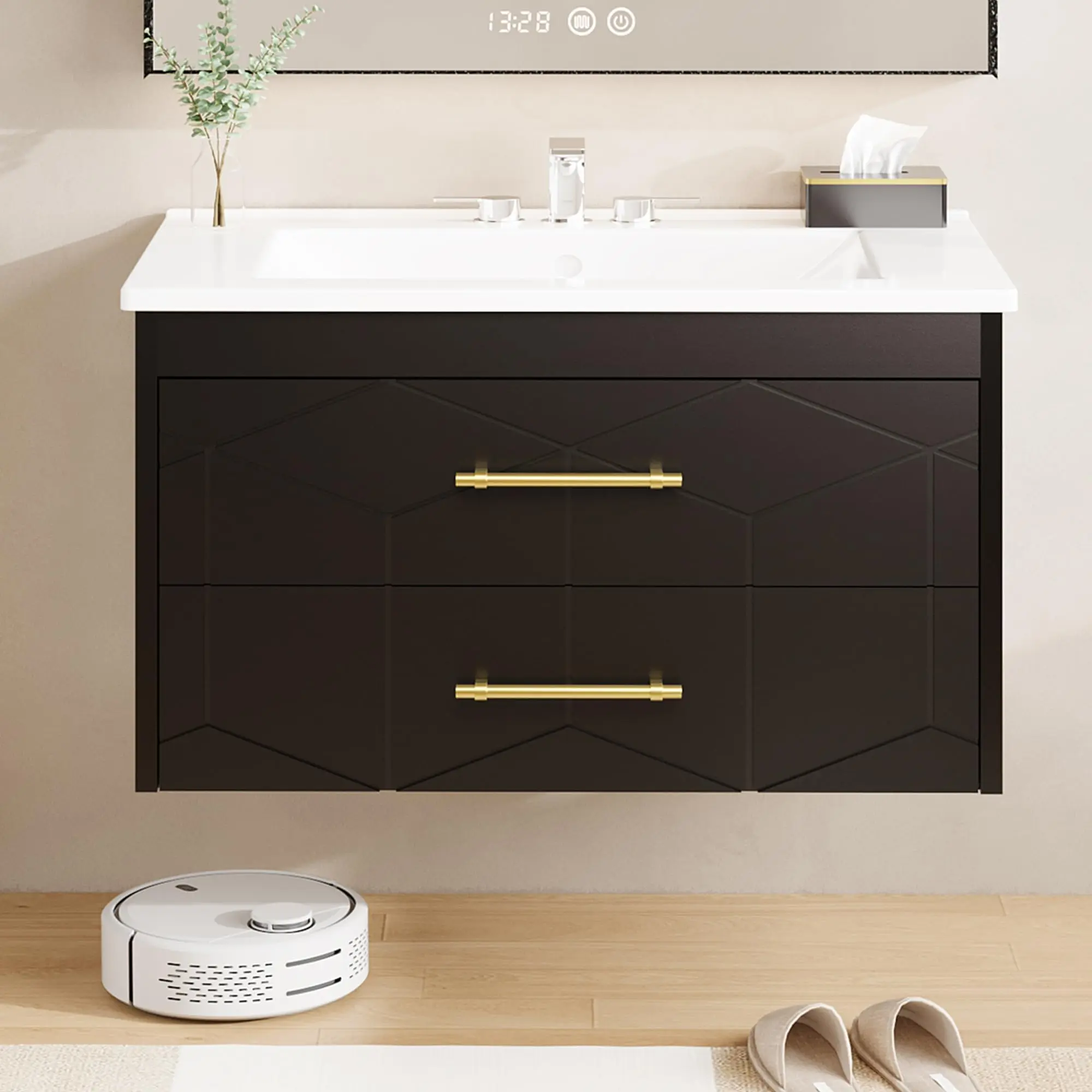 GARVEE 30" Bathroom Changing Table with Sink, 2 Large Storage Drawers with Gold Metal Handles, Modern Bathroom Cabinet with Basin, Black