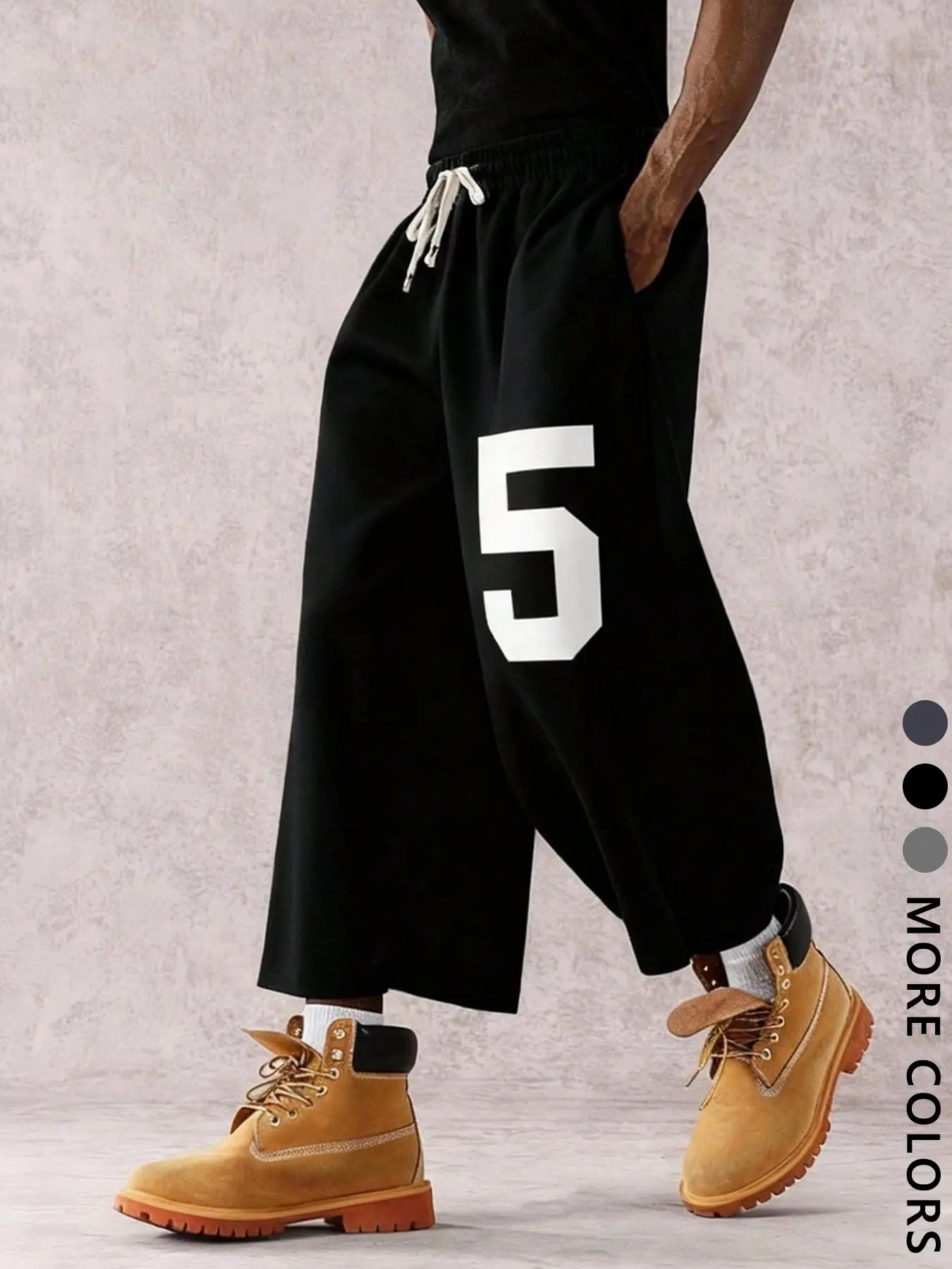 Unisex Black Drawstring Wide Leg Cropped Fashion Sweatpants with Bold Number 5 Print American Varsity Streetwear Casual Pants