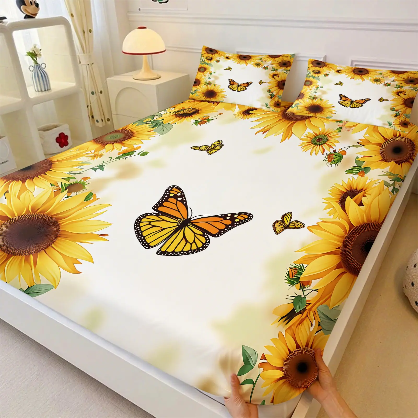 Bright Sunflower Butterfly Fitted Sheet Set, Floral Nature Bed Sheets Set, 1 Fitted Sheet & 2 Pillowcase, No Filling, Sweet Cozy Bedding Set for Girls Women All Season Bedroom Decor