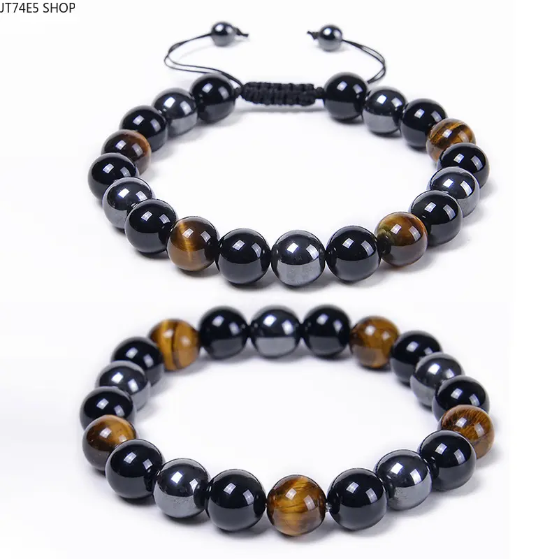 Natural Tiger Eye & Magnet Agate Beaded Bracelet for Men Women, Adjustable Size Woven Jewelry with 8mm/10mm Smooth Round Beads for Yoga, Minimalist