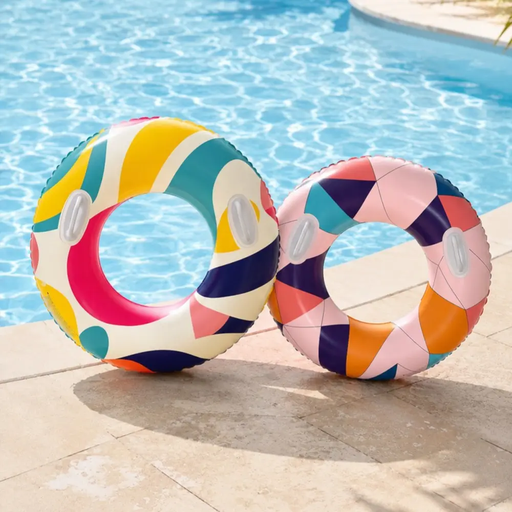 Inflatable Swim Ring With Anti Slip Hand Grips Geometric Color Block Print PVC Water Float Tube, Adult Swimming Float For Pool Beach Vacation Summer Water Entertainment