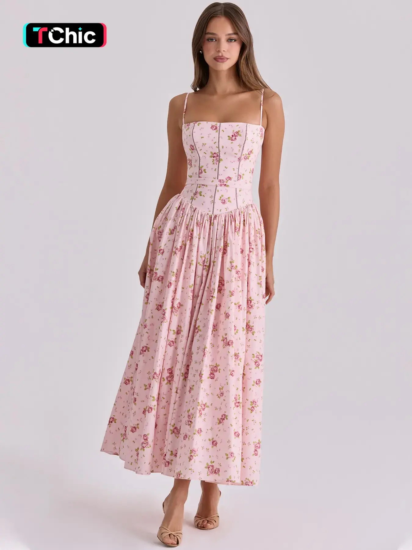 Women's Boho Ditsy Floral Print Ruched Spaghetti Strap Sleeveless Backless Boho Style Bodycon Slip Dress, All Over Printed Pleated A-line Dress, Party Club Date Holiday Beach Vacation Daily Casual Long Dresses For Ladies All Seasons Summer Fashion Wear