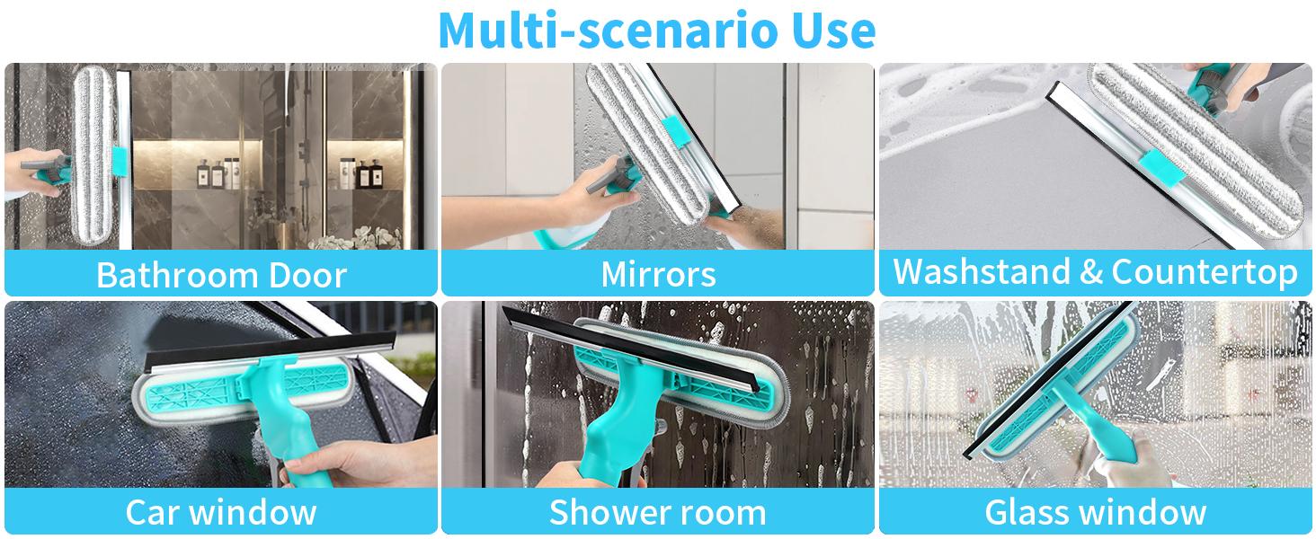 Window Cleaning Tool with Spray Bottle 4-in-1 Set Multi-Purpose Rubber Squeegee and Microfiber Cleaning Head for Dirty Indoor Glass Cleaner