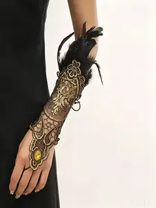 Vintage Gothic Feather Lace Arm Cuffs, Victorian Cosplay Wrist Gloves, Elegant Costume Accessory, Perfect for Halloween & Theme Parties