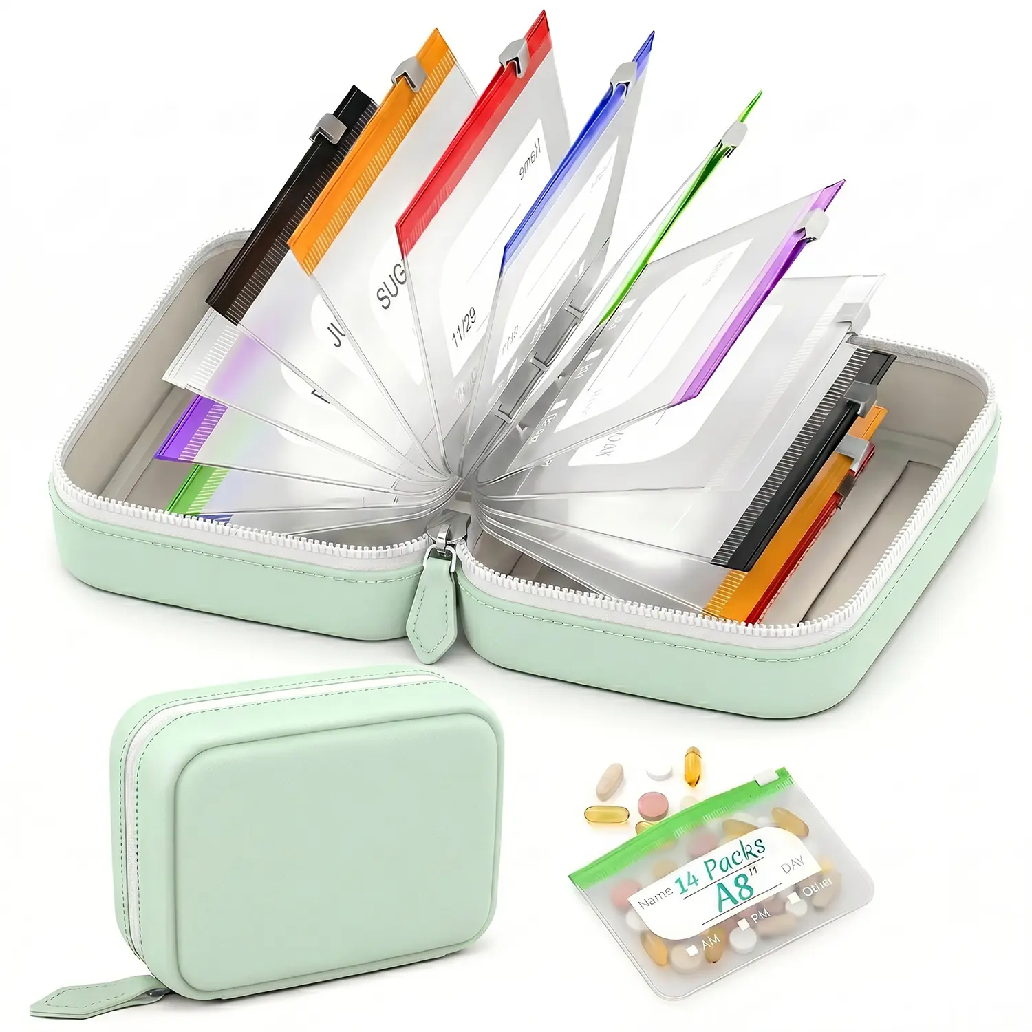 A8 Waterproof Pill Organizer Set,Large Weekly Pill Organizer with 14 Color-Coded Medicine Pouches, Reusable Large Medicine Organizer for Travel,Zippered Pill Storage for Fish Oils,Vitamins#SummerWins#SummerFinds