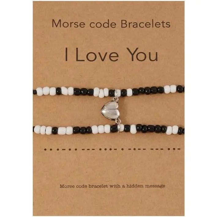 Women's Morse Code "I Love You" Matching Bracelet Set (2-Count, Beads & Rope), Adjustable Braided String Couple Bracelets for Lovers, Love Gift