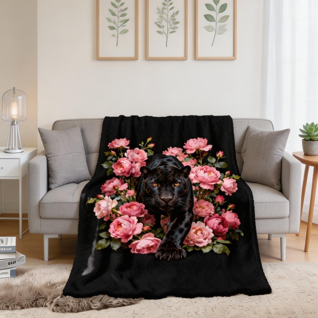 Black Panther Pink Peony Flannel Blanket, Ultra Soft Floral Animal Throw Blanket, Warm Cozy Lightweight Sofa Couch Bedroom Decor, Unique Gift