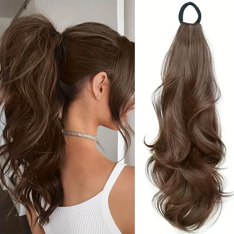2 Pcs Wavy Ponytail Hair Extensions for Women, Soft Synthetic Fiber, Elastic Band, Heat Resistant Synthetic Fiber Hairpieces, Daily & Party Use