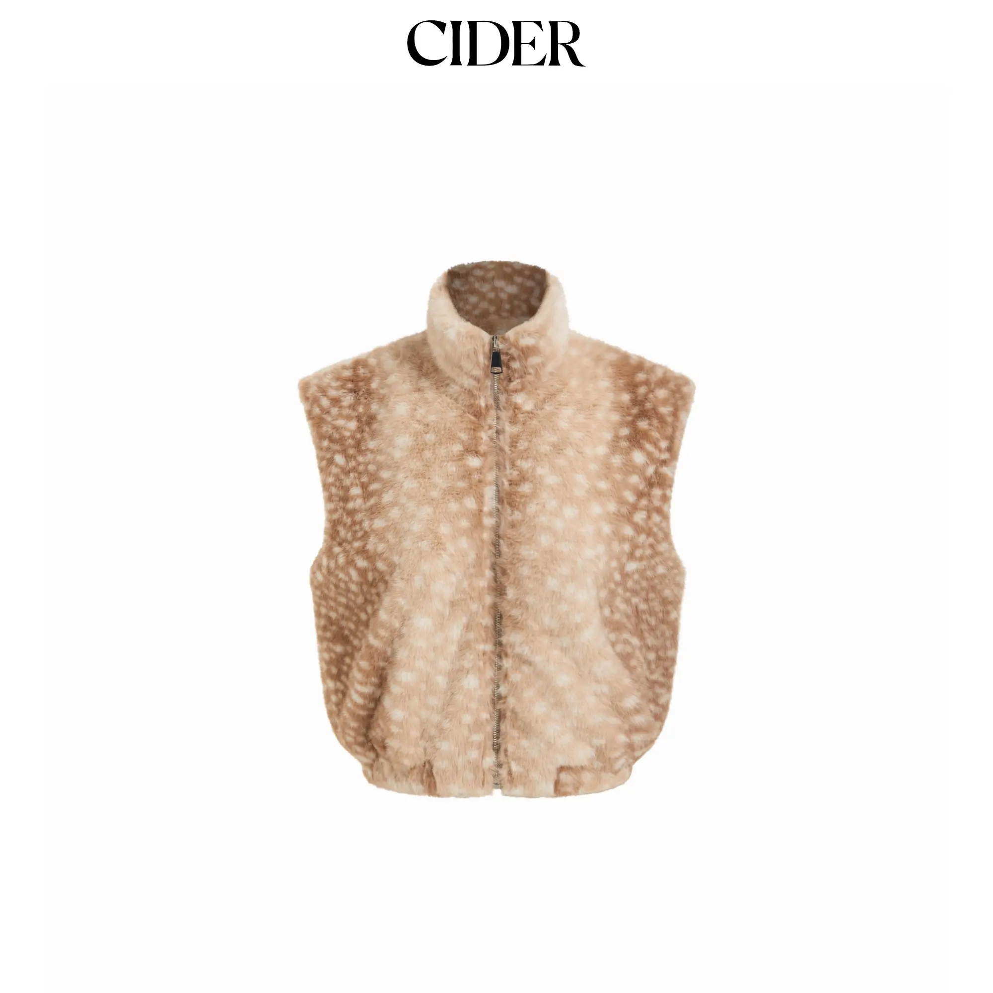 Cider Deer Print Faux Fur Funnel Neck Zip Through Jacket Vest SummerFinds