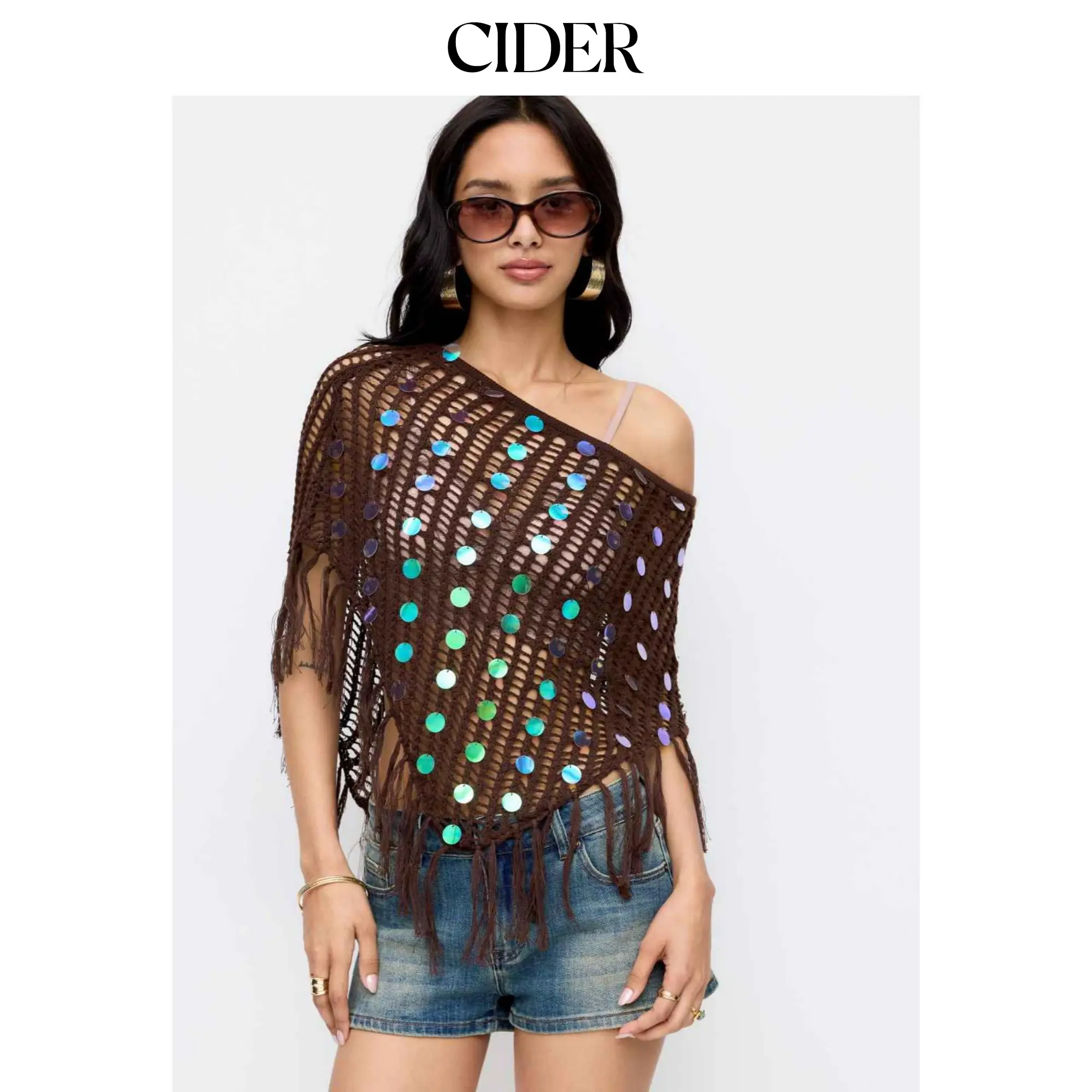 Cider Sequin Asymmetrical Neck Fringe Trim Fringe See-Through Top