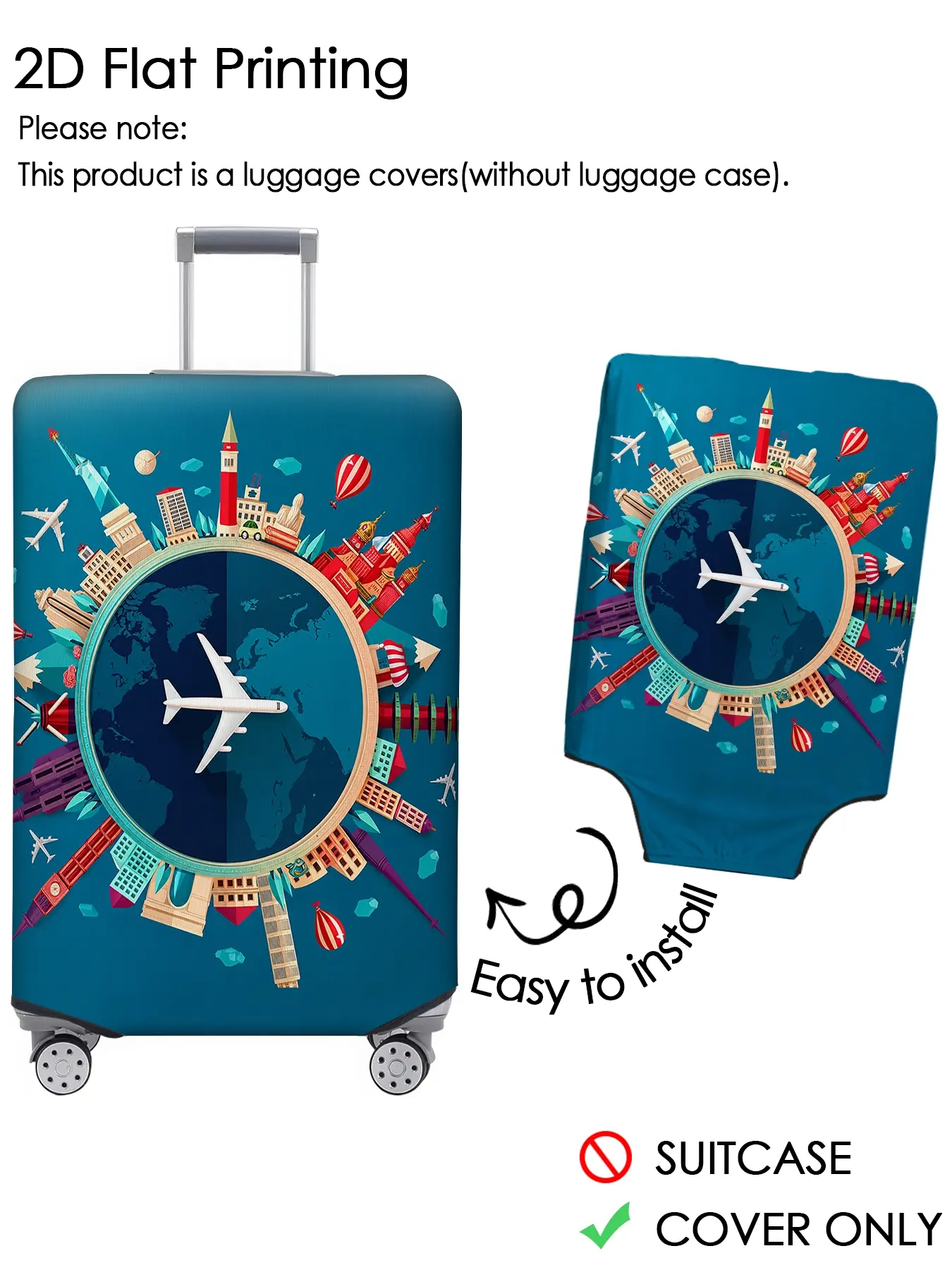 Global landmark aircraft luggage cover, stretch covers, luggage dust cover, elastic fabric, dust-proof, scratch resistant, suitable for 18-32 inch luggage, essential travel accessory, Traveling Essentials