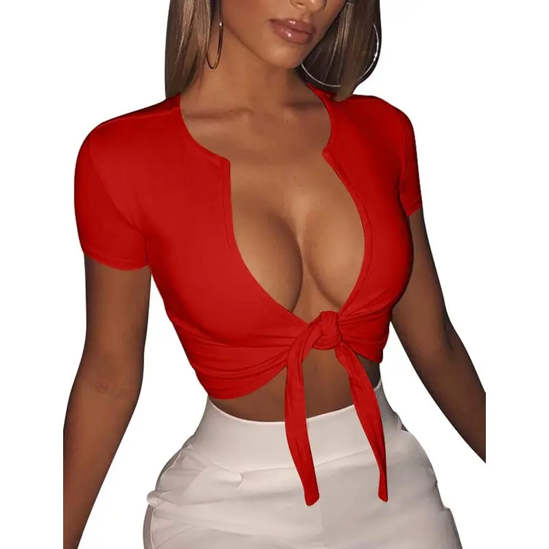 Women’s Deep V Neck Tie Front Crop, Short Sleeve Y2K Going Out Shirt, Trendy Party Club for Summer