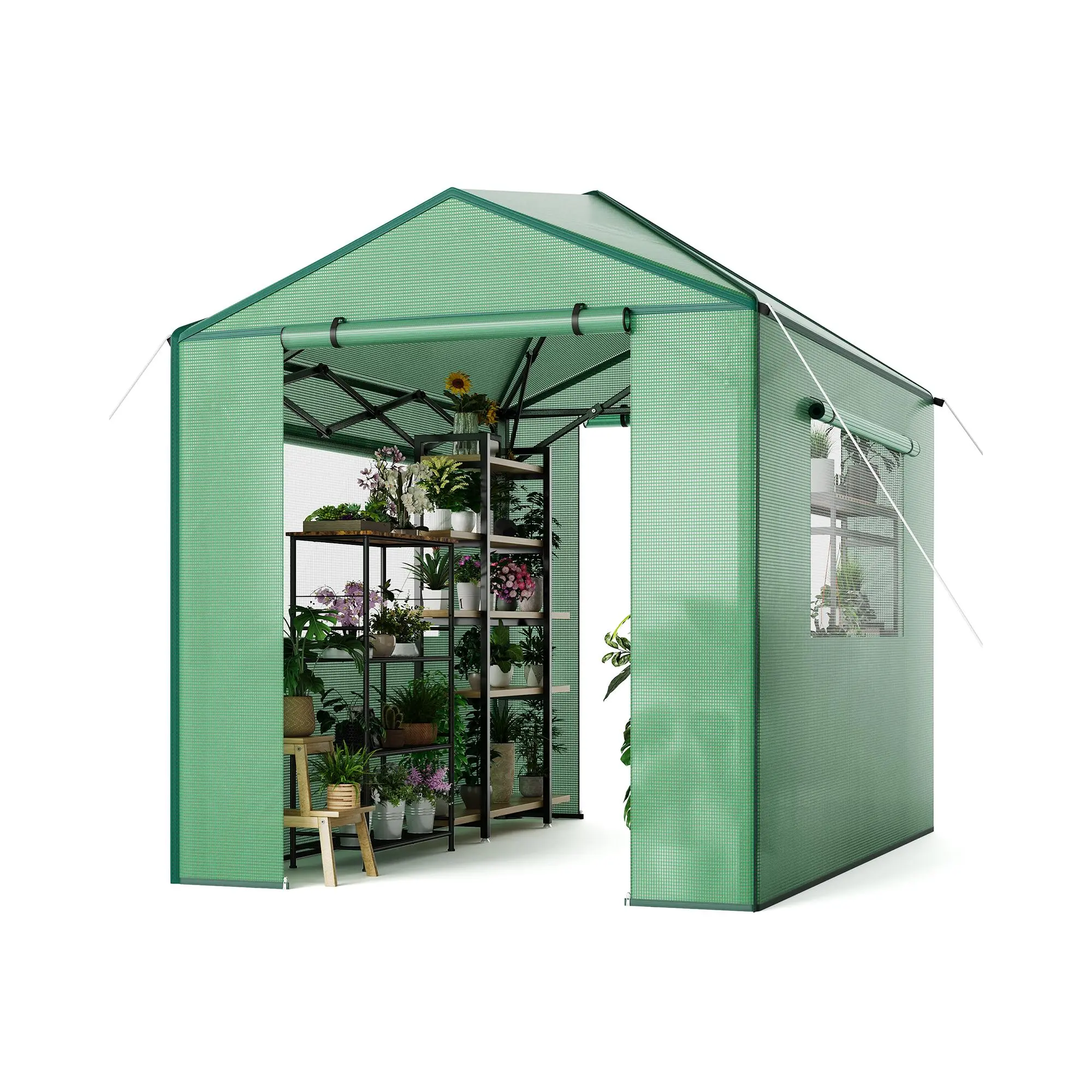 6 x 8 Ft Portable Walk In Greenhouse, Green Outdoor Plant Gardening Canopy Tent with Ventilated Mesh Windows, Roll-Up Zippered Doors and Reinforced Metal Frame