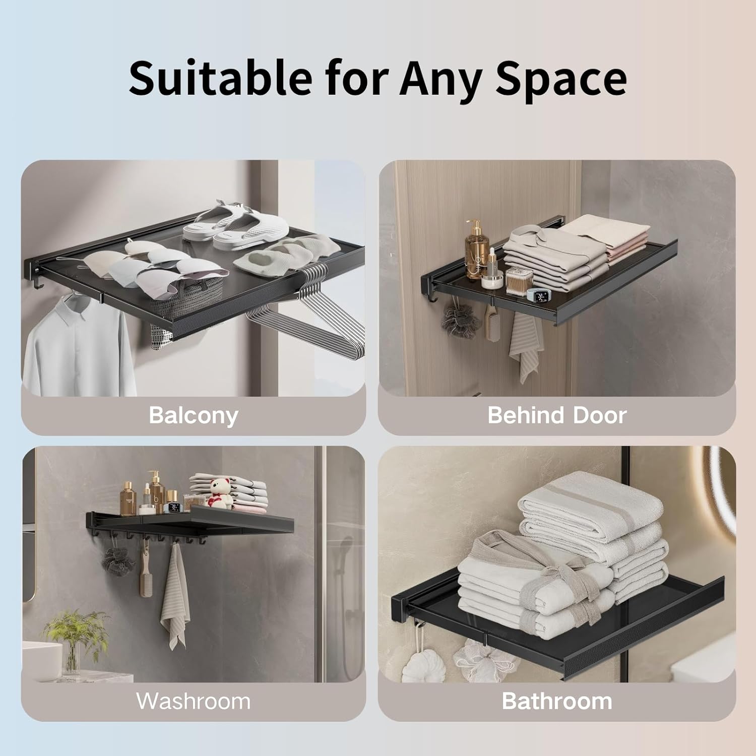 Space Saving Wall Mounted Towel Rack, Foldable Aluminum Towel Bar with Mesh Design, Rustproof with 6 Removable Hooks, No Drill Installation for Bathroom Balcony Laundry