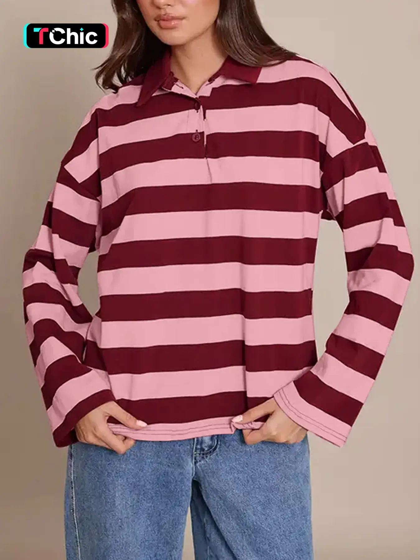 Women's Oversized Striped Polo Top Collared Neck Half Button Placket Drop Shoulder Long Sleeves Relaxed Fit Trendy Preppy Style Perfect for Daily Wear Campus Looks Casual Polo Top