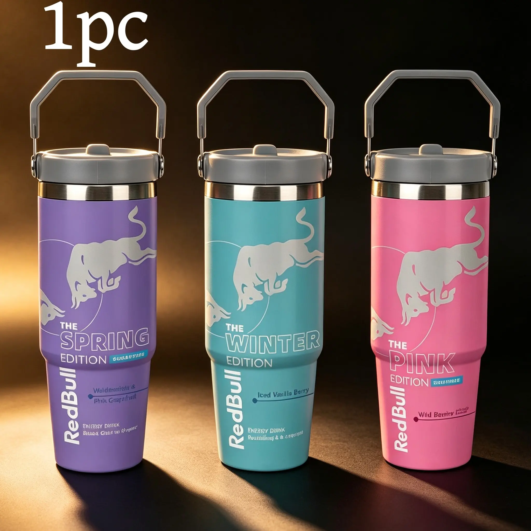 1pc Red Bull Printed Insulated Tumbler, 30oz Large Capacity Travel Cup, Double‑Wall Vacuum Stainless‑Steel Water Bottle With Portable Carry Handle, Heat & Cold Retention, For Car Driving Gym Outdoor Camping Daily Use, Cool Holiday Gift For Sports Lovers