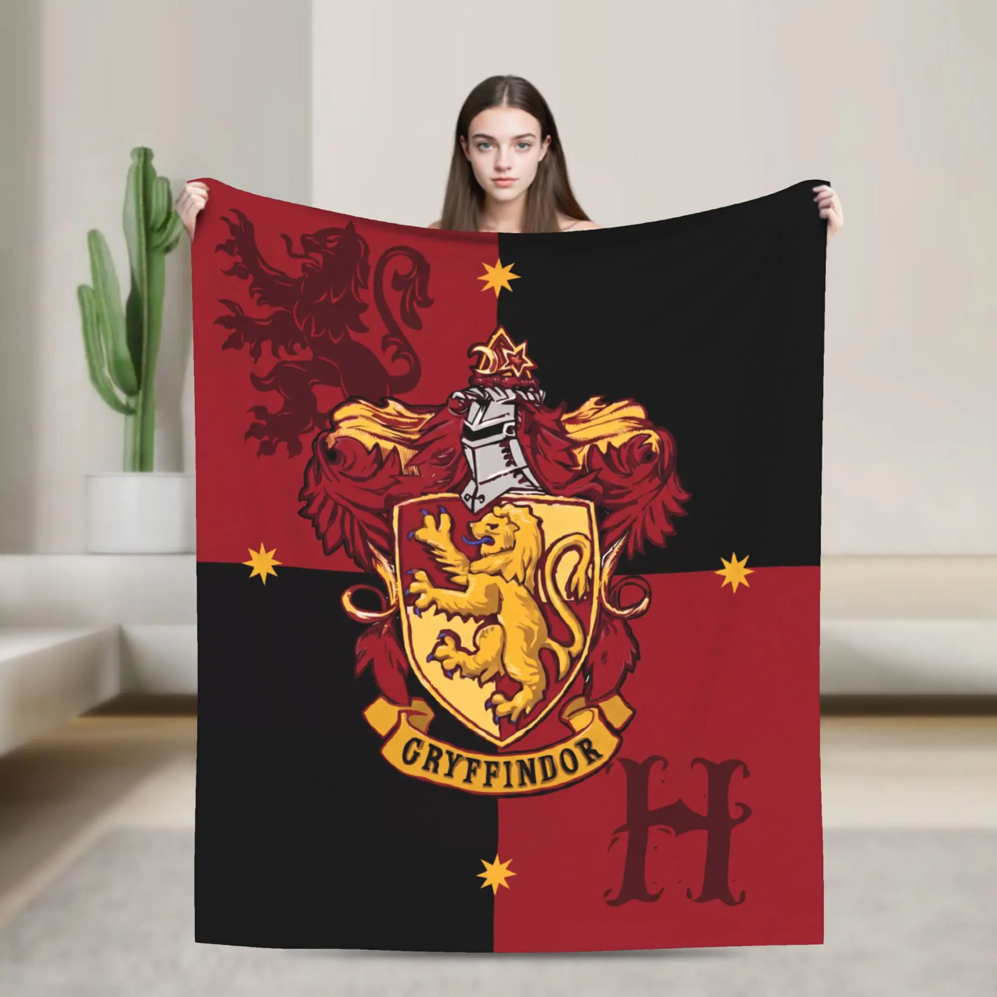 WB Gryffindor Lion Crest Split Red Black Color Block Flannel Throw Blanket, Wizarding House  Blanket, Fantasy Animated Fan Couch Bed Decor, Birthday Holiday Gift for Wizard Series Enthusiasts