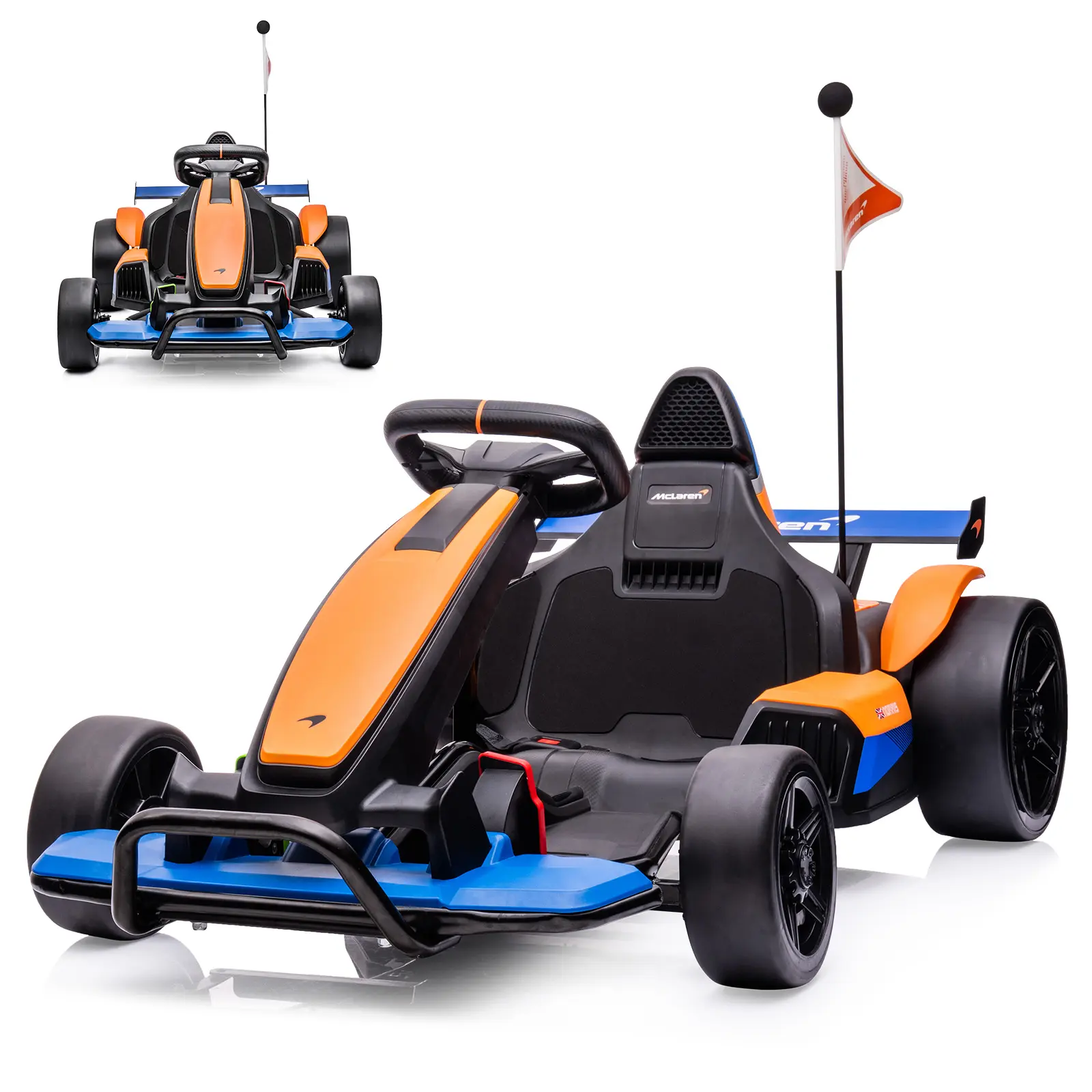 Officially Licensed McLaren 24V Kids Go Kart, Dual Drive Drift Ride On Car, Stepless Variable Speed S/D Modes Max 12km/h, Dual Electronic & Mechanical Brakes, Bluetooth Touch Steering Wheel Flashing RGB LED Taillights for Kids 6+ Up to 60KG
