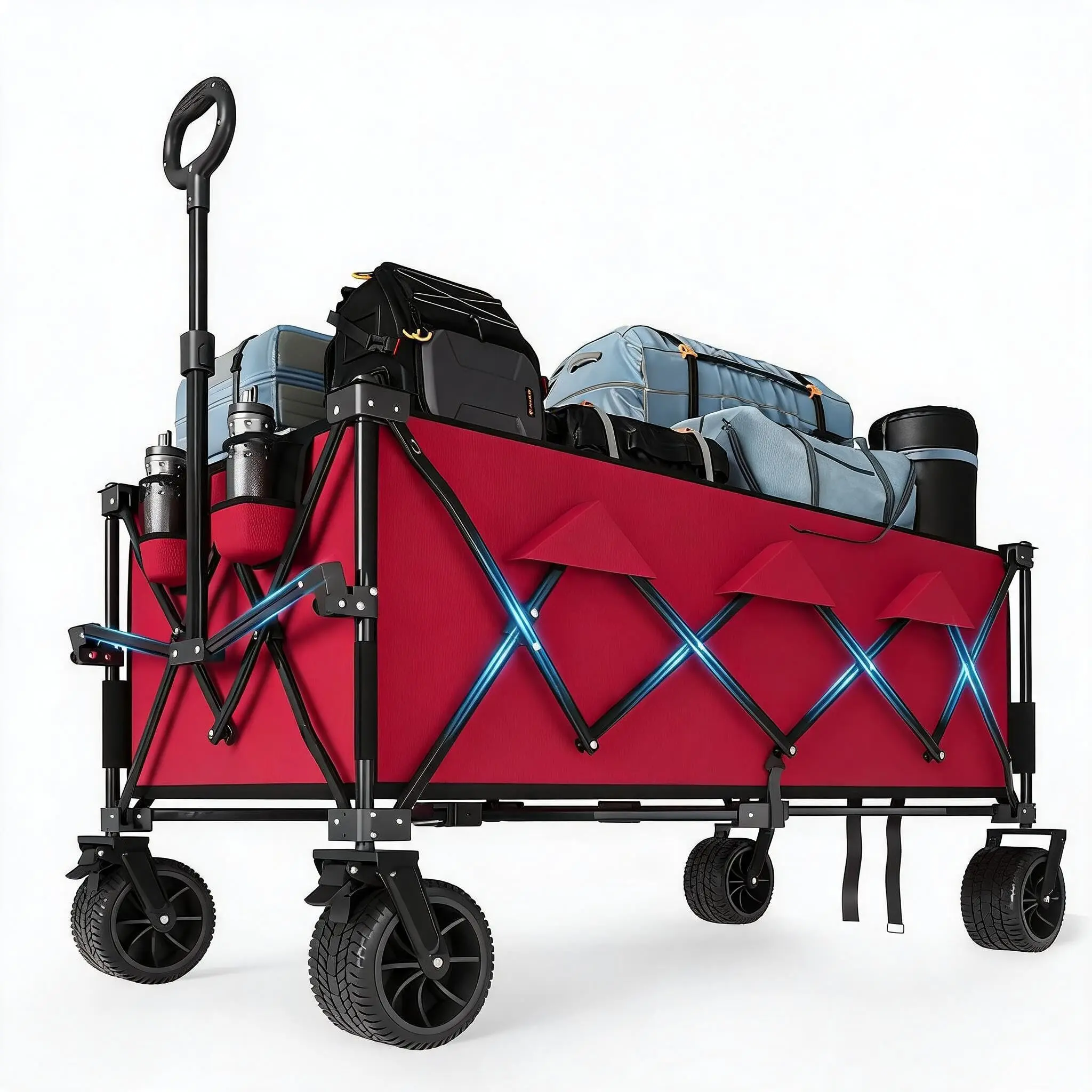 GARVEE Folding Beach Cart - 350L, 208kg Capacity, All-Terrain Large-Wheeled Cart for Camping, Garden Use, Red, Large Wheels