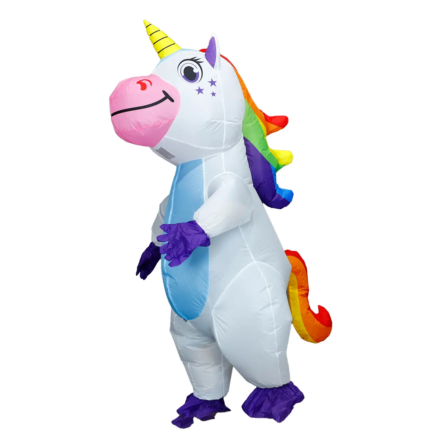 Unicorn Inflatable cartoon costume for children's holiday performances and parent-child activities. Adult size, suitable for 155-190cm. Includes fan and battery box (batteries not included). Cosplay, Halloween prop, party funny costume.